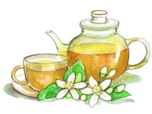 Tetera con infusión de flores de Azahar.