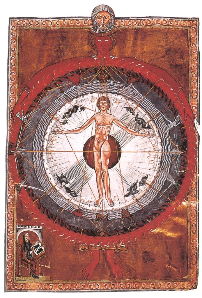 El hombre universal, Liber Divinorum Operum de Santa Hildegarda de Bingen, 1165 Copia del siglo XIII.